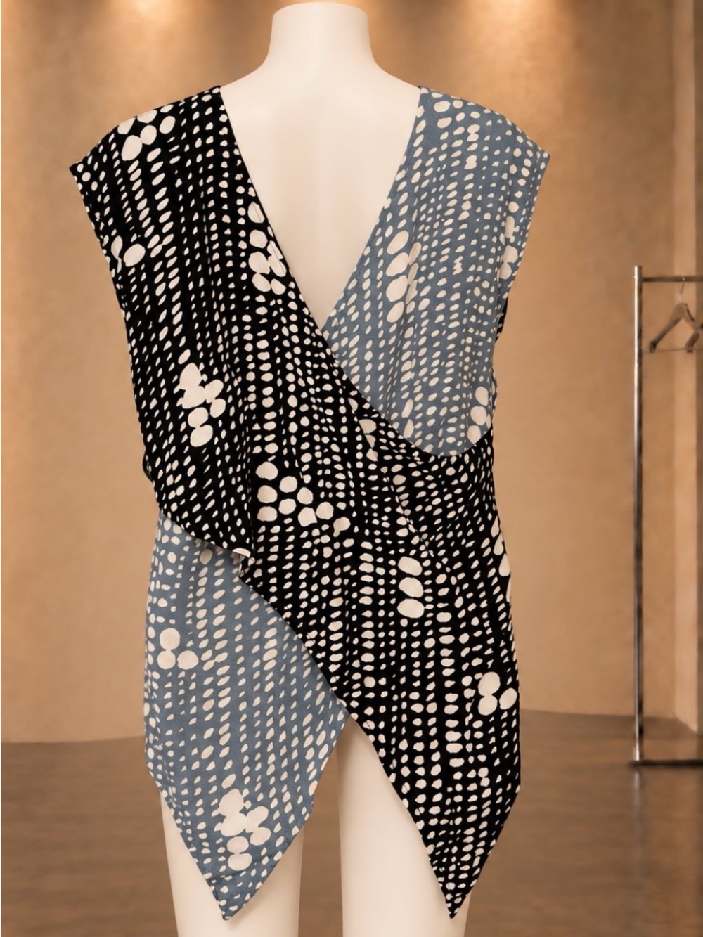 Bel Kazan Asymmetrical Abstract Draped Tunic Top Black Dusty Blue S